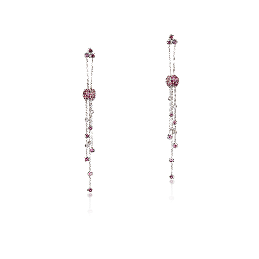 imagem do produto Brinco Longo com Correntes e Bola Pav em Turmalina Rosa