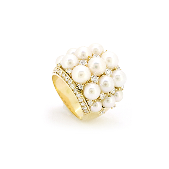 Anel Gomo Degradê de Pérolas, Diamante e ouro 18k