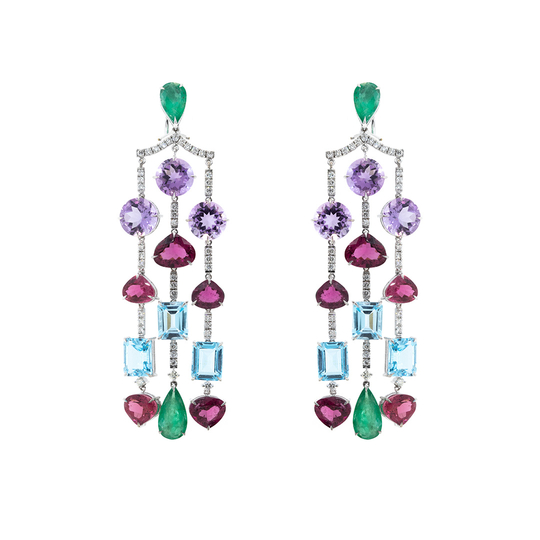 Brinco Chandelier Esmeraldas e Ametistas