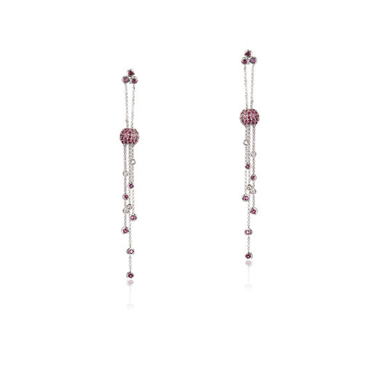 Brinco Longo com Correntes e Bola Pavê em Turmalina Rosa