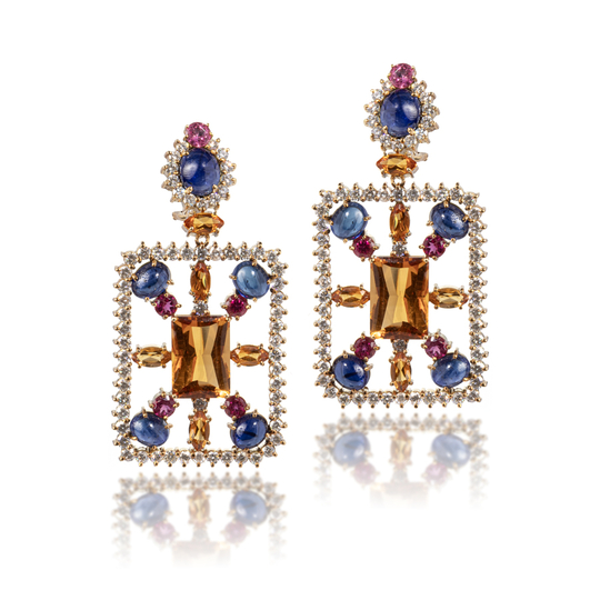 Brinco Móbile Quadrado com Citrino, Safiras Azuis e Turmalinas Rosas