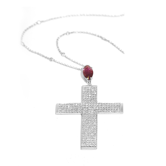 Gargantilha Cruz com Diamantes e Rubi