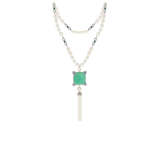 Gargantilha Longo Jade Esculpida e Pérola